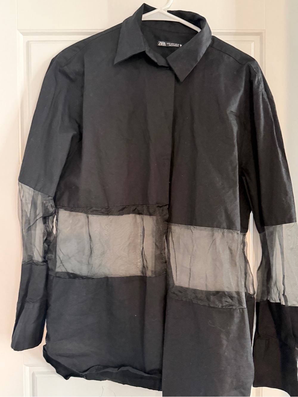 ZARA Black Mixed-Media Sheer-Panel Shirt